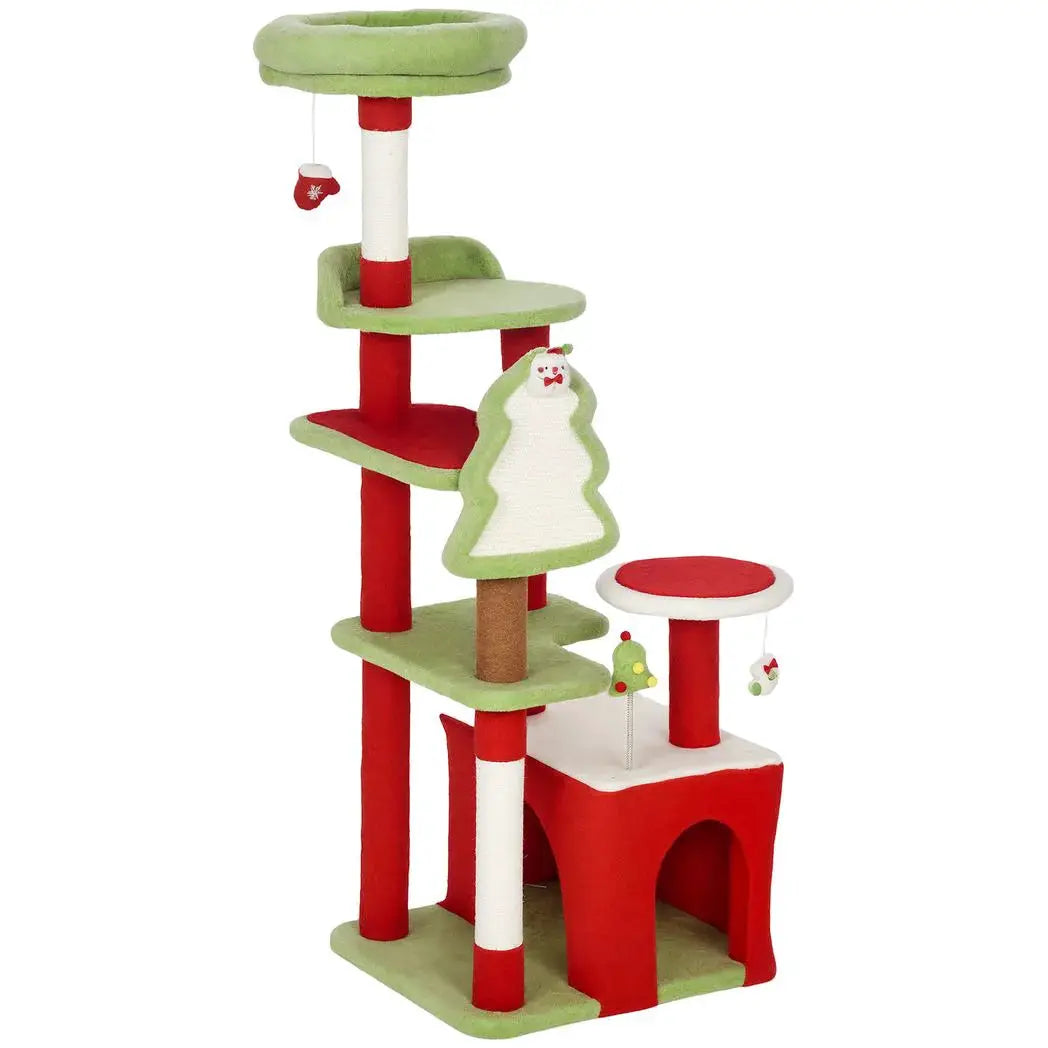 PawHut Cat Tree, 120cm Christmas Cat Tower with 3 Scratching Posts, Scratching Board, 2 Perches, Platforms, Toys, Green - from PawHut