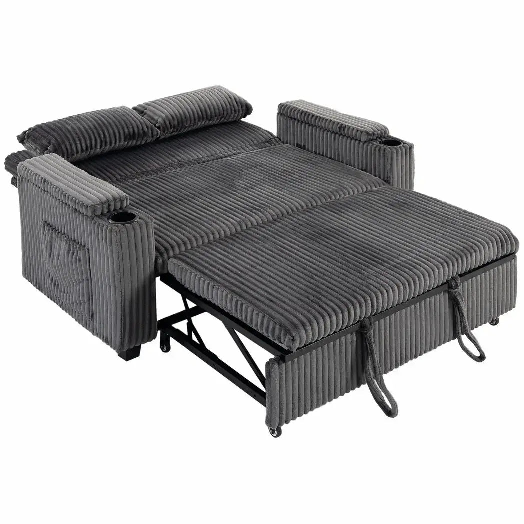 HOMCOM 2 Seater Sofa Bed, Pull Out Sleeper Sofa w/ Adjustable Backrest, Storage Armrests, Cup Holders, Side Pockets, Dark Grey - from HOMCOM