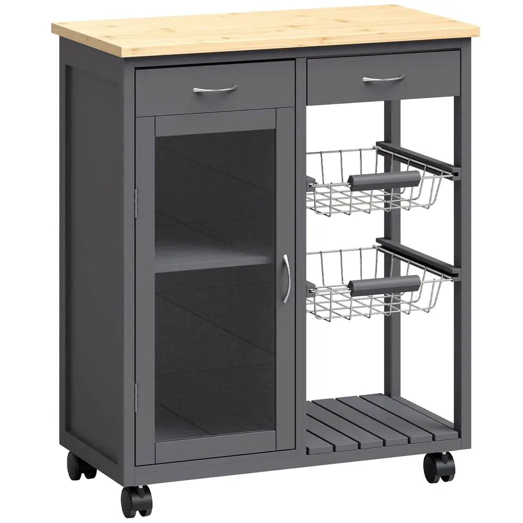 HOMCOM Bamboo Kitchen Island, Rolling Kitchen Trolley with Glass Door, 2 Metal Wire Baskets and Adjustable Shelf, Grey - from HOMCOM