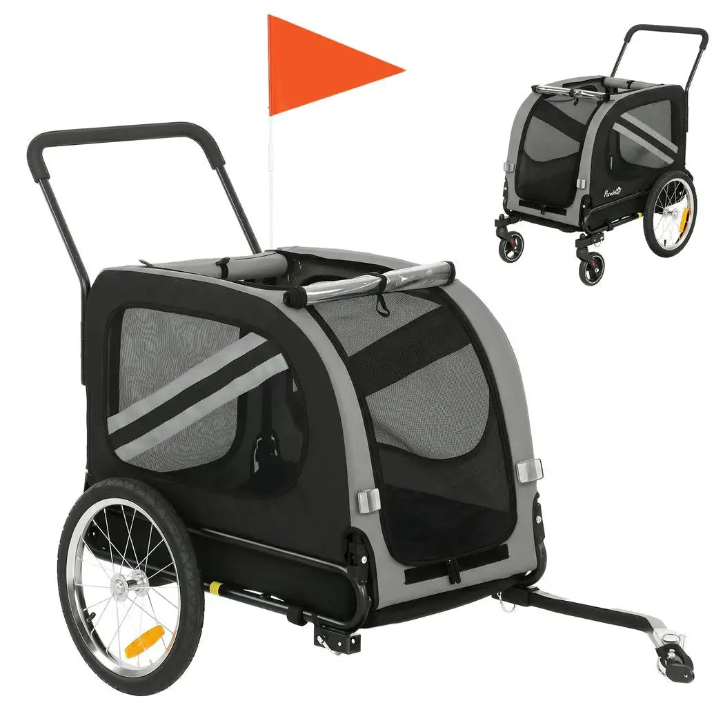 PawHut 2-In-1 Pet Bike Trailer Dog Stroller Pushchair with Universal Wheel Reflector Flag Grey - from PawHut