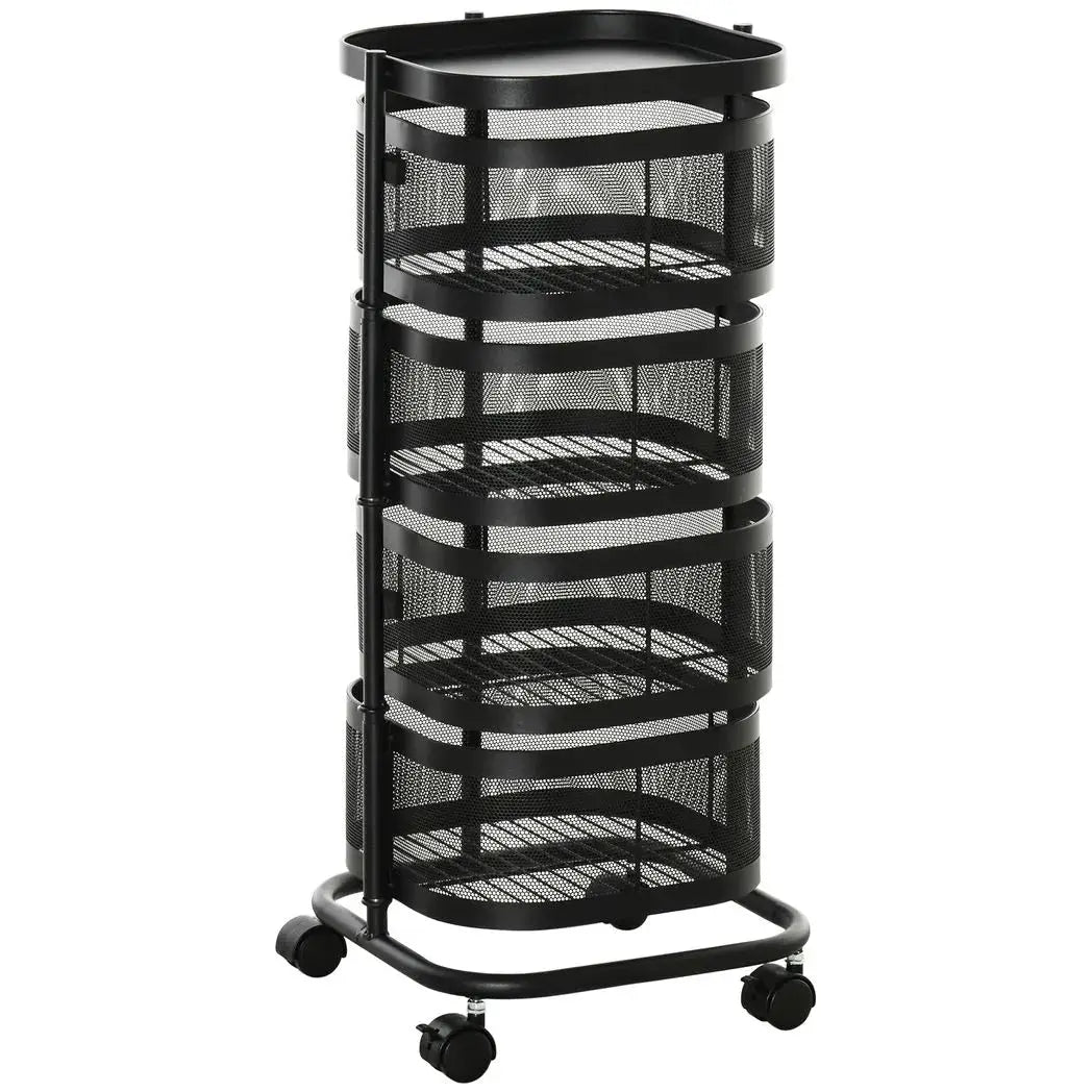 HOMCOM Metal Storage Cart, 4-Tier Storage Trolley on Wheels with 4 Mesh Baskets and Top Tray, Black - from HOMCOM