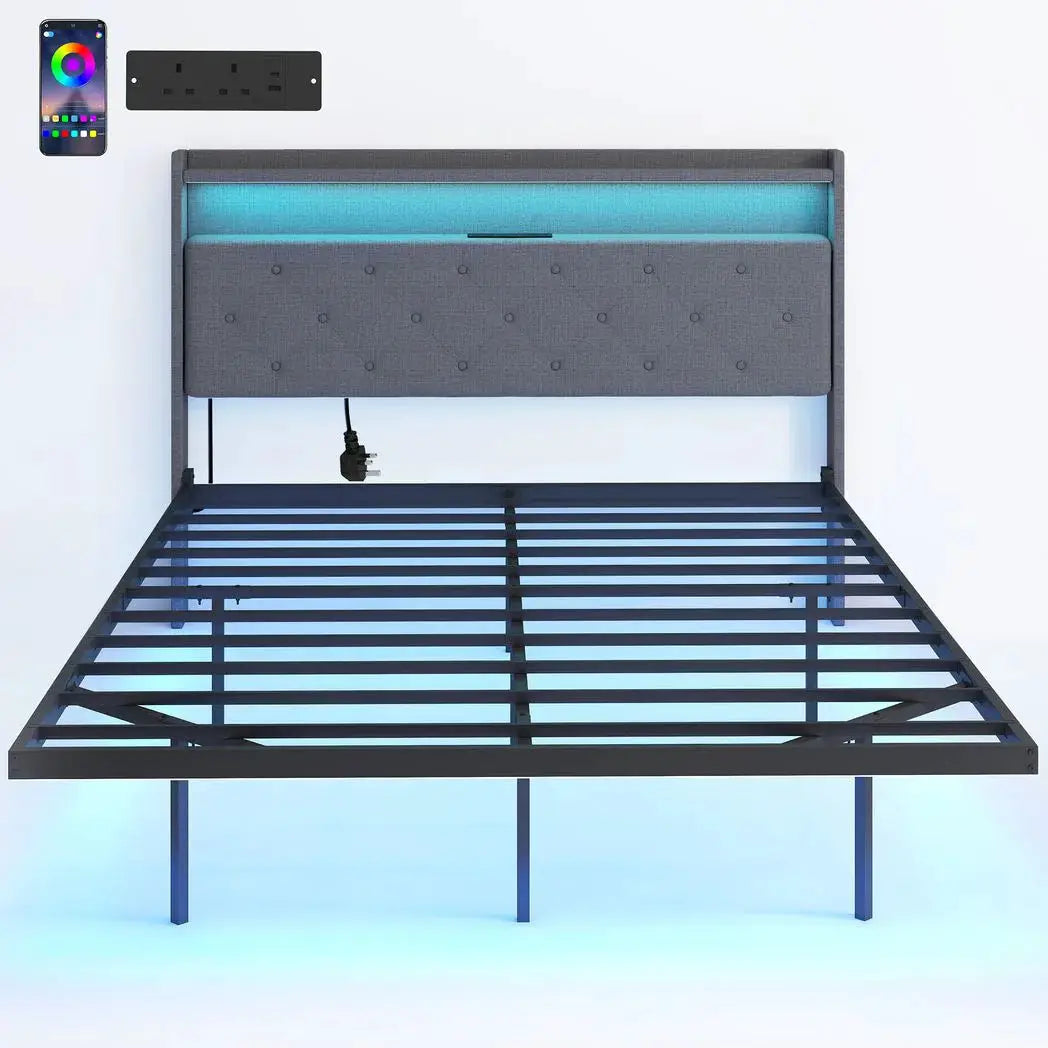 HOMCOM Floating Bed Frame, Upholstered 4ft6 Double Size Bed, Platform Bed with RGB LED Lights and Charging Station, Grey - from HOMCOM