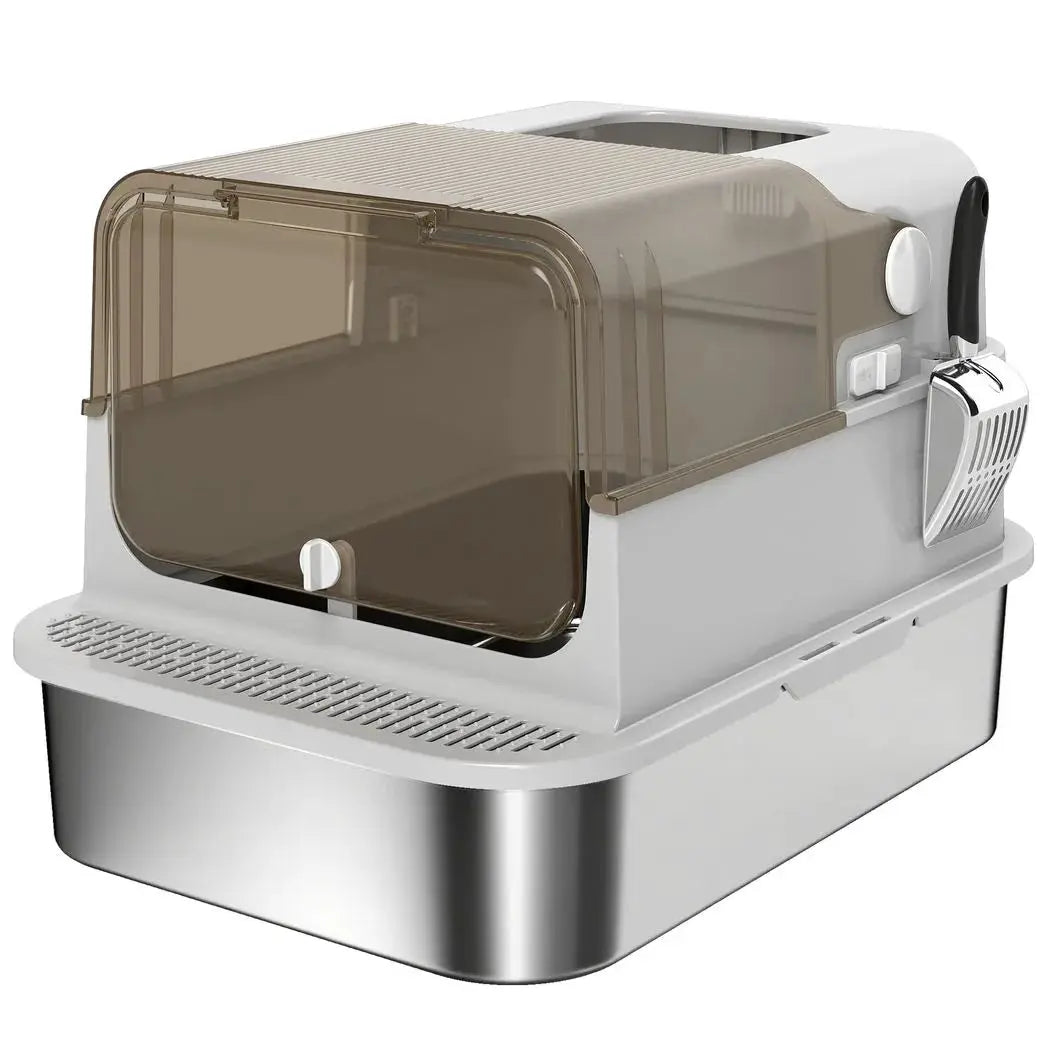 PawHut XXL Stainless Steel Cat Litter Tray, Enclosed Cat Litter Box with 90° Flip Cover, Double Doors, Scoop, Easy Clean, Grey - from PawHut