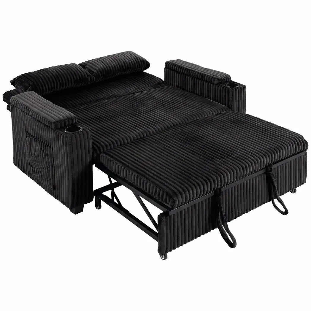 HOMCOM 2 Seater Sofa Bed, Pull Out Sleeper Sofa w/ Adjustable Backrest, Storage Armrests, Cup Holders, Side Pockets, Black - from HOMCOM