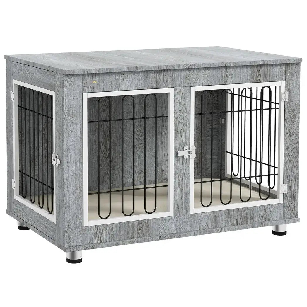 PawHut Dog Crate Furniture End Table, with Washable Cushion, Double Doors, for Medium/Large Dogs, Grey - from PawHut