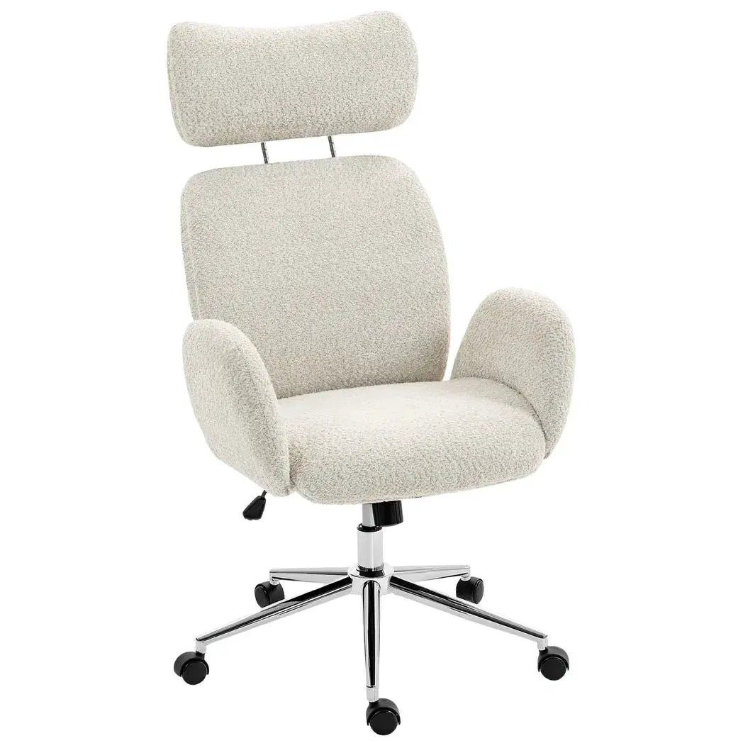 HOMCOM Office Chair with Adjustable Headrest, Spring Pack, Curved Line, Boucle Fabric - Pale Grey - from HOMCOM