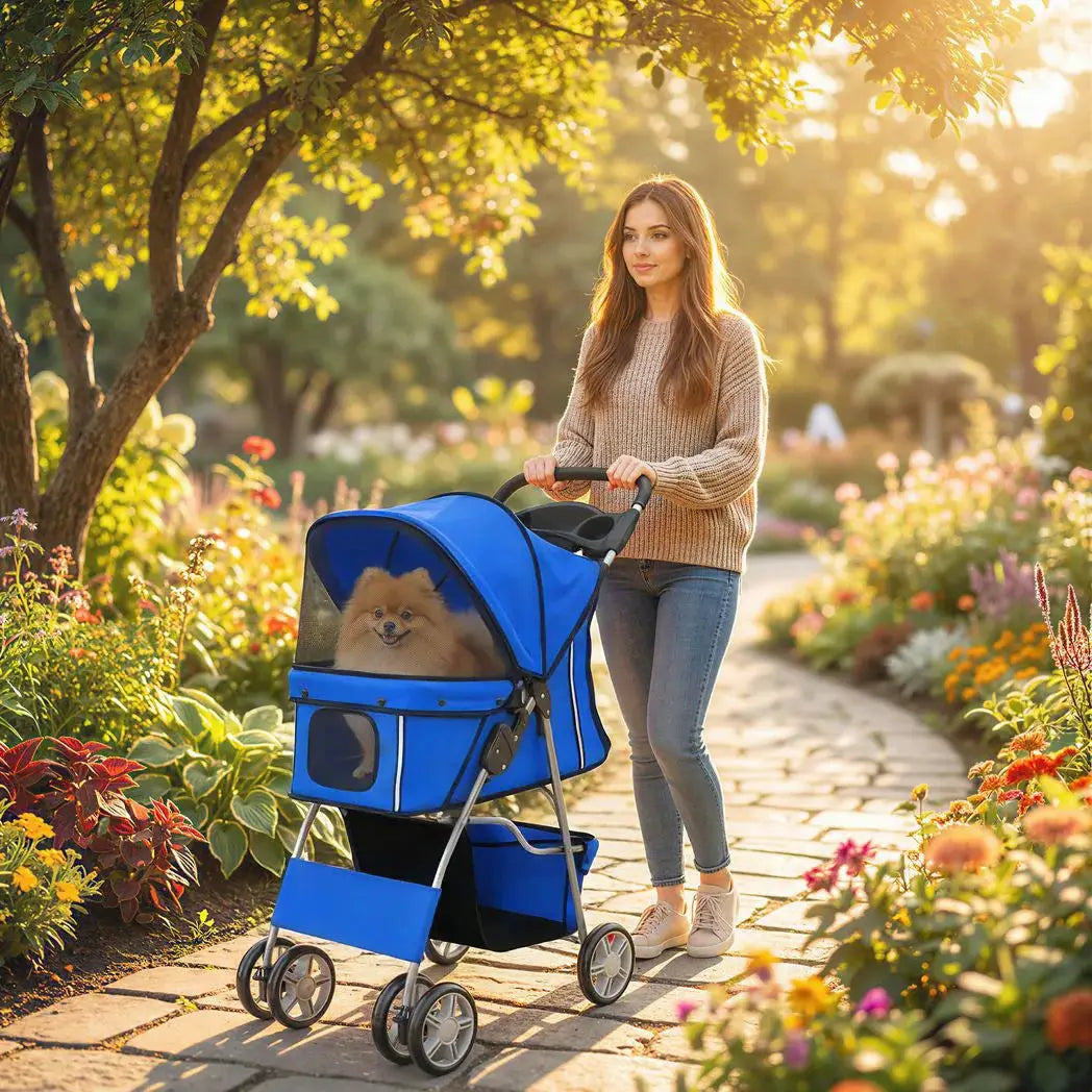 PawHut Dog Pram, Pet Stroller with Reflective Strips, Foldable Cat Stroller with 360° Swivel Wheels, Blue - from PawHut