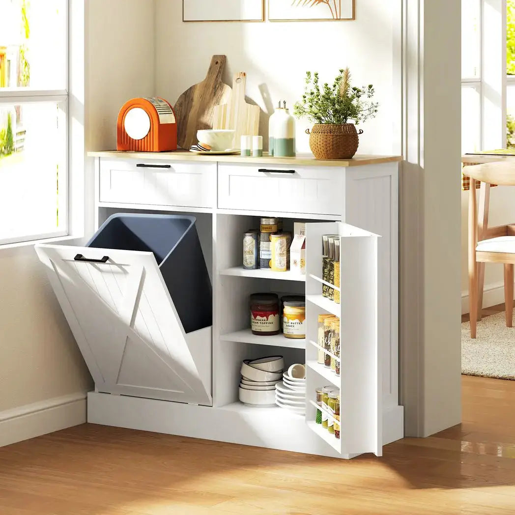 HOMCOM Sideboard with Tilt-out Trash Bin, Farmhouse Kitchen Sideboard with 2 Drawers, Adjustable Shelves, Door Racks, White - from HOMCOM