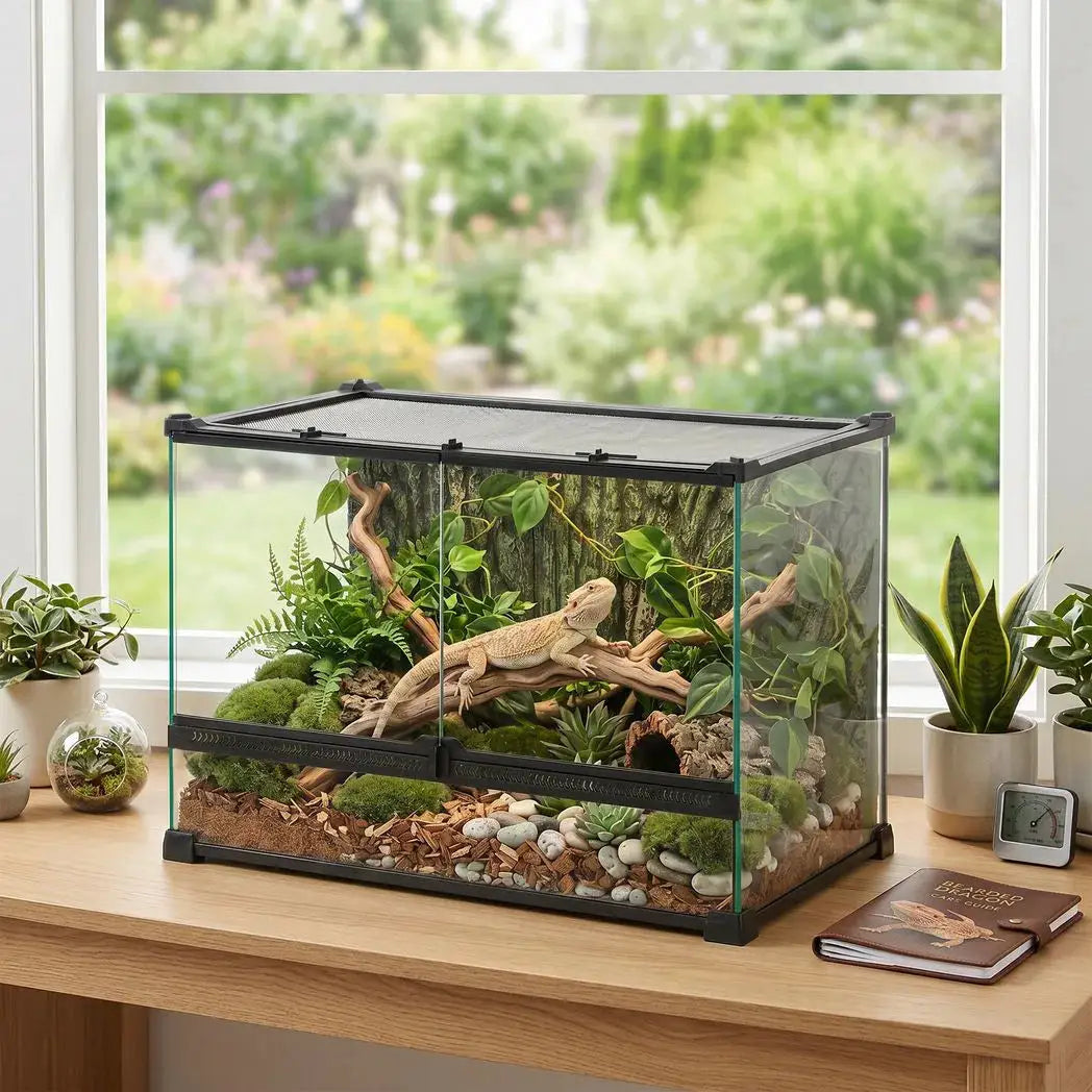 PawHut Reptile Glass Terrarium with Stone Background, Front Ventilation, Escape-Proof Knob Lock, 50 x 30 x 35 cm, Black - from PawHut