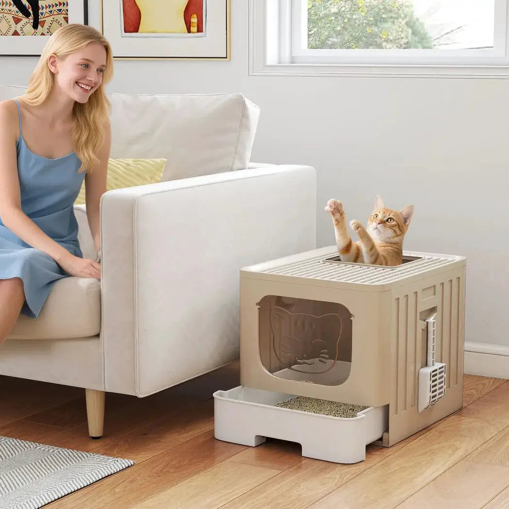 PawHut Cat Litter Box with Lid, Slide-Out Drawer, Scoop, Easy Clean, Odour Control, Anti-Splashing, Khaki - from PawHut