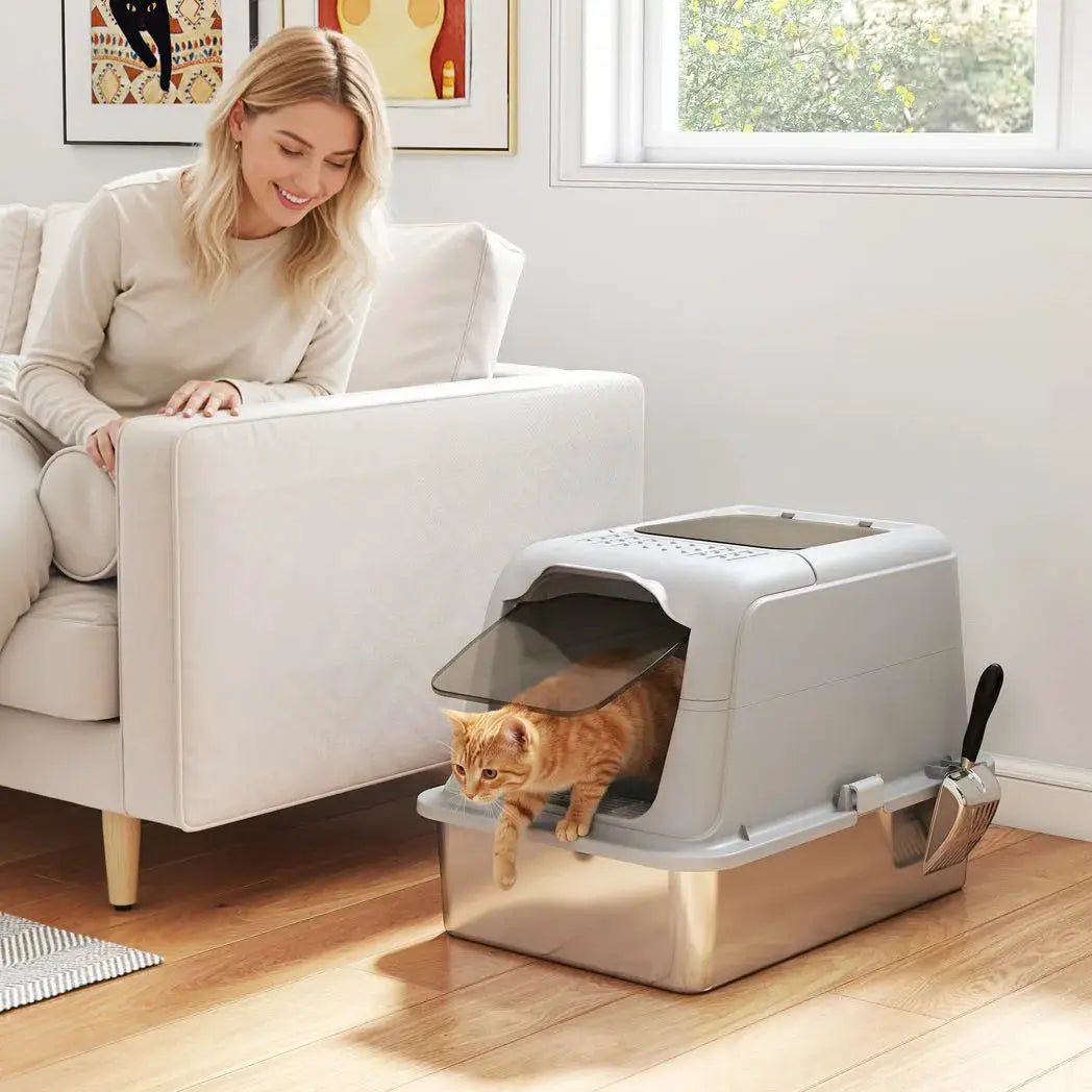 PawHut Extra Large Stainless Steel Litter Box, Enclosed Cat Litter Tray with Scoop, Deodorizer Bag, Front-Entry and Top-Exit - from PawHut