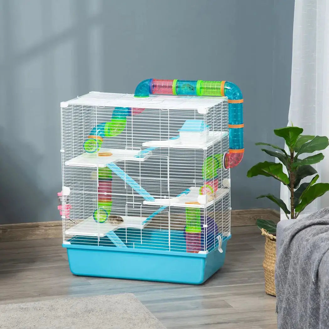 PawHut Hamster Cage w/ Water Bottle, Exercise Wheel, Tubes, Ramps - Light Blue - from PawHut