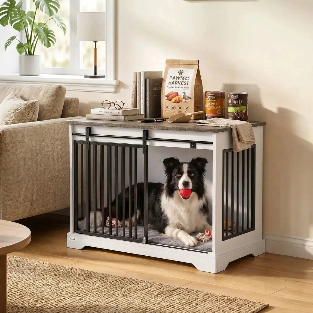 PawHut 80 cm Dog Crate Furniture with Sliding Barn Door for Medium Dogs, White - from PawHut