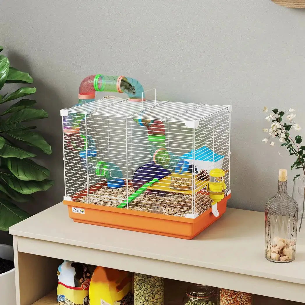 PawHut 2 Tier Hamster Cage, Gerbil Cage with Handle, Exercise Wheels, Tunnel, Water Bottle, Dishes, Ladder, for Dwarf - from PawHut