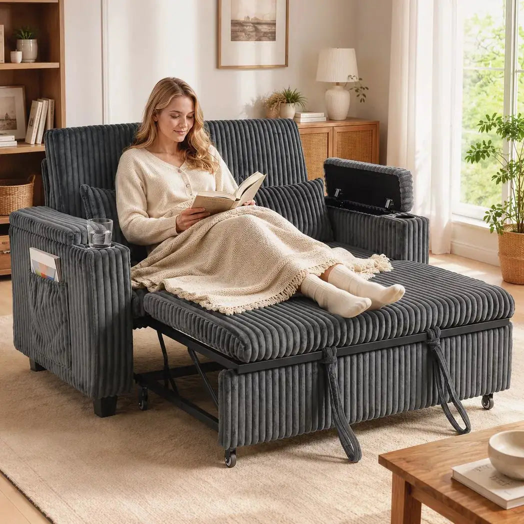 HOMCOM 2 Seater Sofa Bed, Pull Out Sleeper Sofa w/ Adjustable Backrest, Storage Armrests, Cup Holders, Side Pockets, Dark Grey - from HOMCOM
