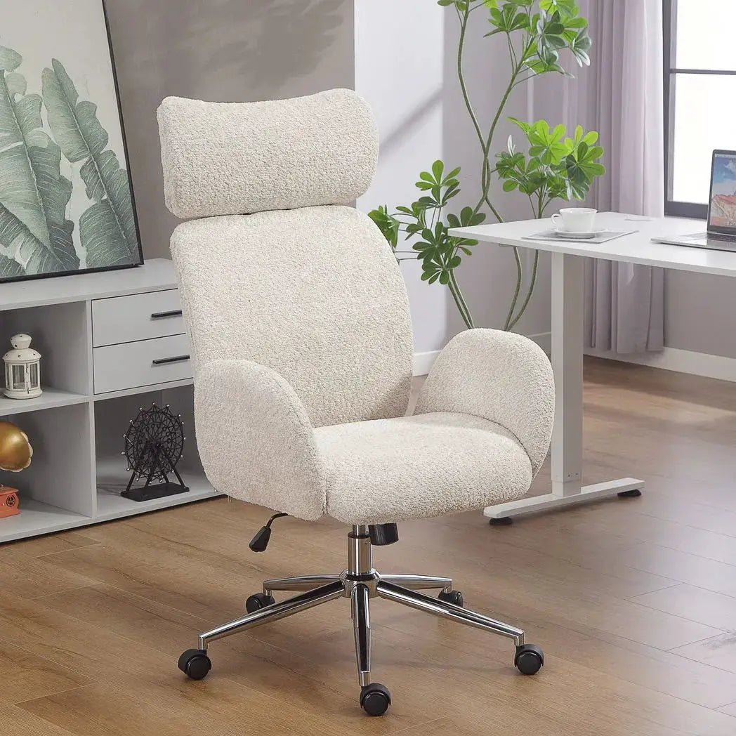 HOMCOM Office Chair with Adjustable Headrest, Spring Pack, Curved Line, Boucle Fabric - Pale Grey - from HOMCOM