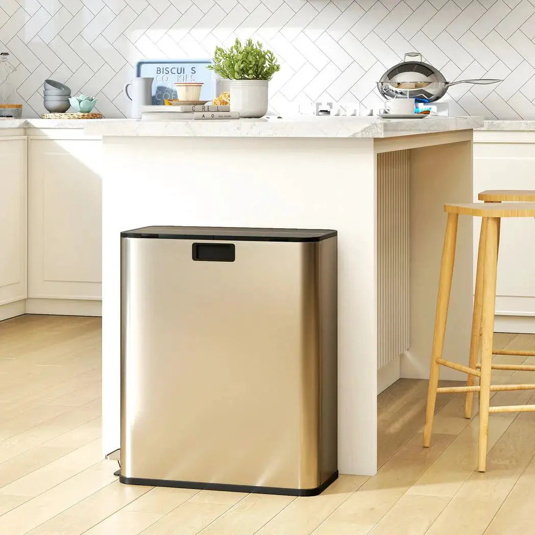 HOMCOM Dual Kitchen Bin with Soft-Close Butterfly Lid, 2 x 28L Stainless Steel Pedal Bin with Removable Inner Buckets, Fingerprint-Proof for Recycling and Waste, Silver Tone - from HOMCOM
