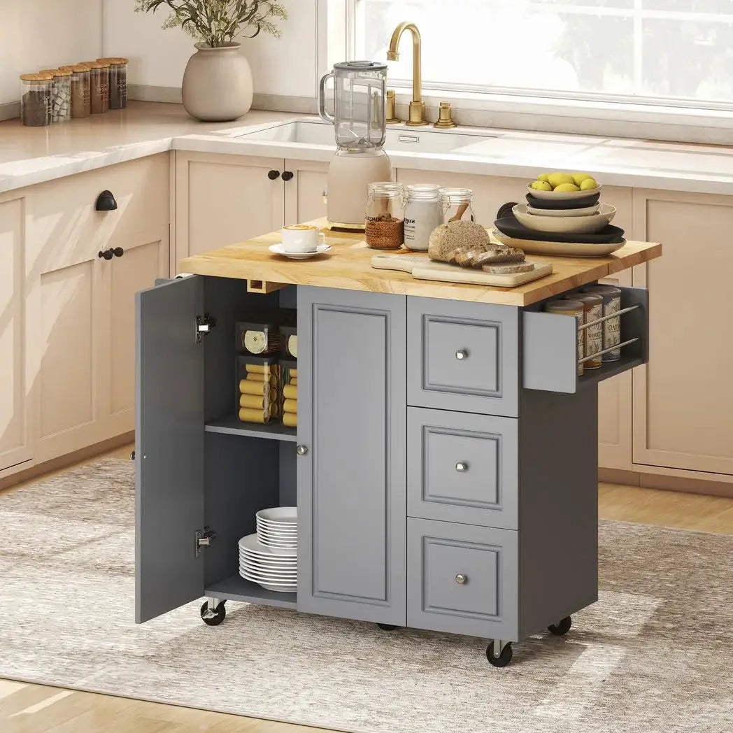 HOMCOM Kitchen Island on Wheels, Rolling Kitchen Storage Trolley with Drop Leaf, Drawers, Towel and Spice Rack, Grey - from HOMCOM