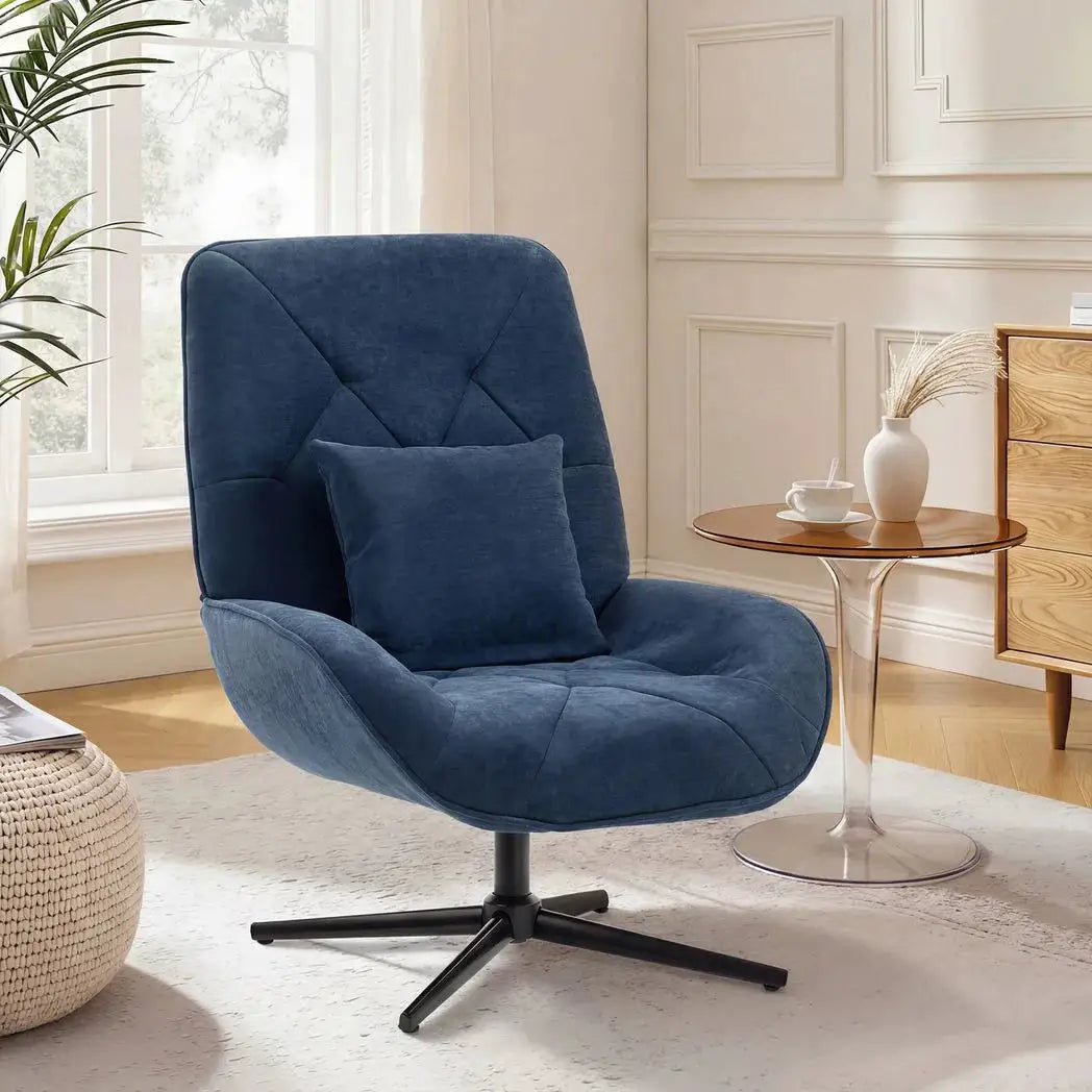 HOMCOM Accent Chair, Chenille Upholstered Swivel Armchair with Lumbar Pillow, High Back, Deep Seat and Metal Legs, Dark Blue - from HOMCOM