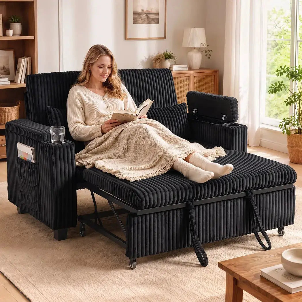 HOMCOM 2 Seater Sofa Bed, Pull Out Sleeper Sofa w/ Adjustable Backrest, Storage Armrests, Cup Holders, Side Pockets, Black - from HOMCOM