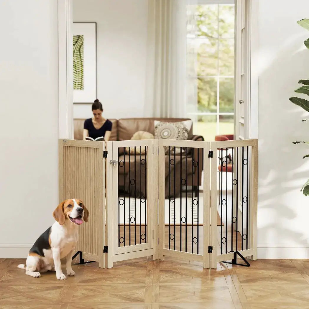 PawHut 4 Panel Freestanding Pet Gate, Indoor Dog Barrier with Lockable Door, Support Feet, 360° Flexible Hinges, Oak - from PawHut