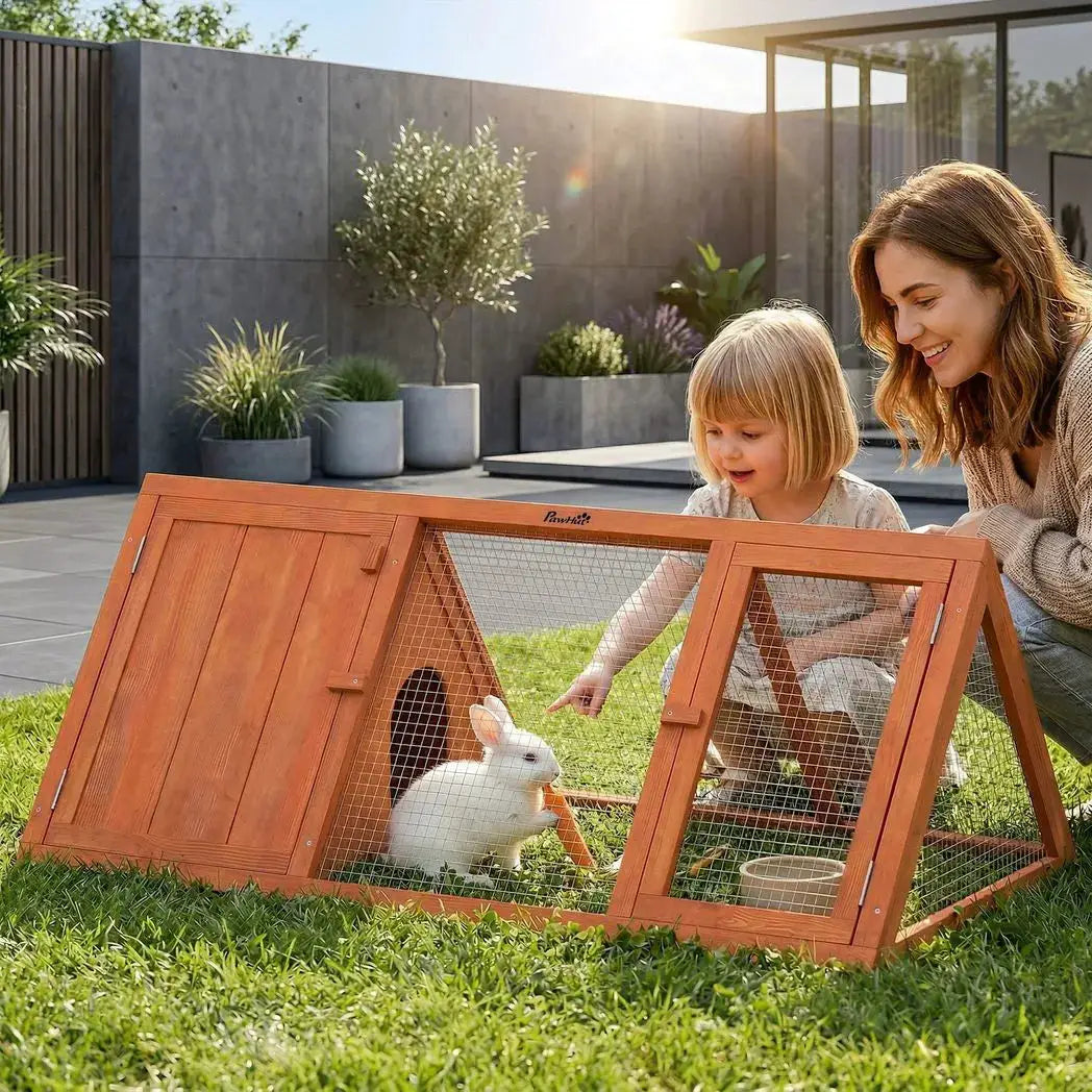PawHut Rabbit Hutch, Wooden Guinea Pig Hutch with Run and Doors, Outdoor Triangle Bunny House for Rabbits,Duck and Chicken - from PawHut