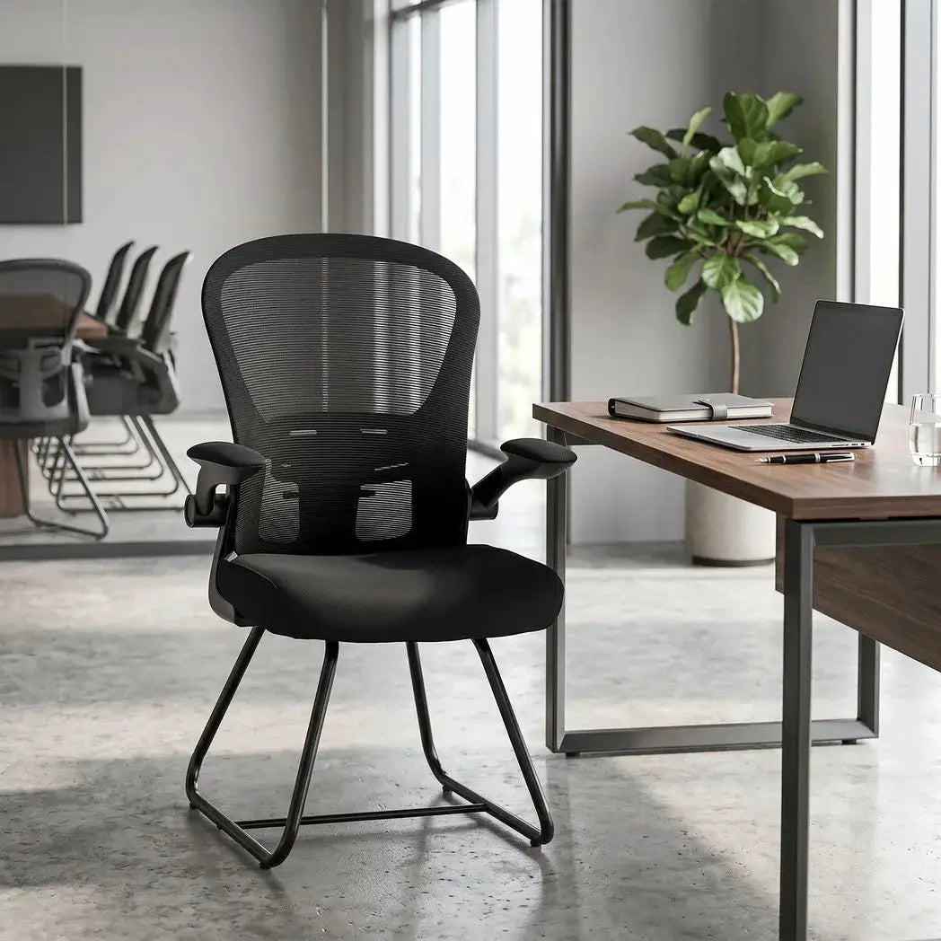 HOMCOM Reception Chair, Conference Meeting Office Chair with Flip-up Armrest, Mesh Backrest, Lumbar Support and Metal Base - from HOMCOM