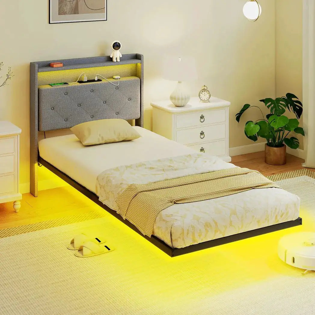 HOMCOM Floating Bed Frame, Upholstered 3ft Single Size Bed, Platform Bed with RGB LED Lights and Charging Station, Grey - from HOMCOM