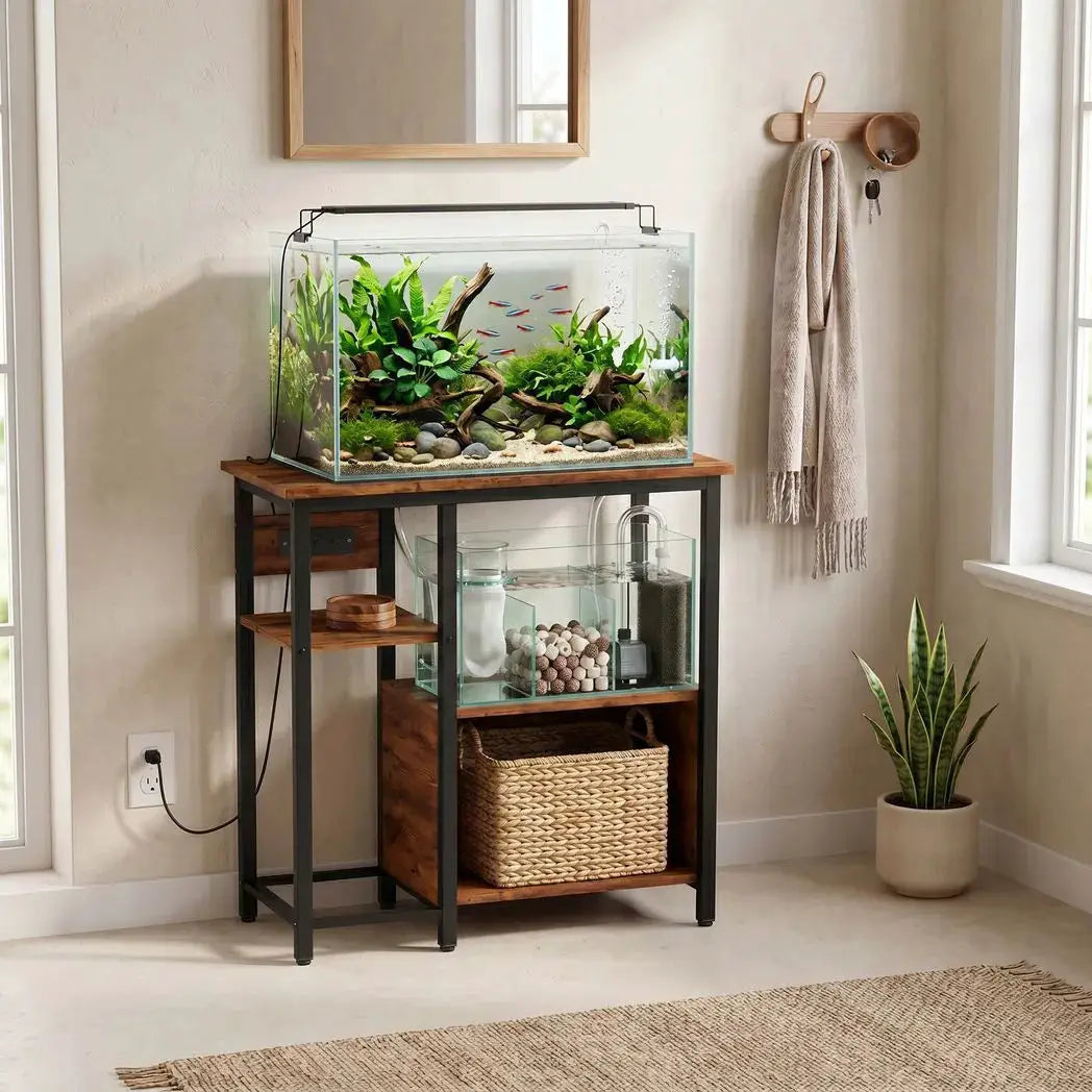 PawHut Fish Tank Stand with Power Outlets Aquarium Stand with Cabinet 20-29 Gallon Tanks Tiger Wood Grain - from PawHut
