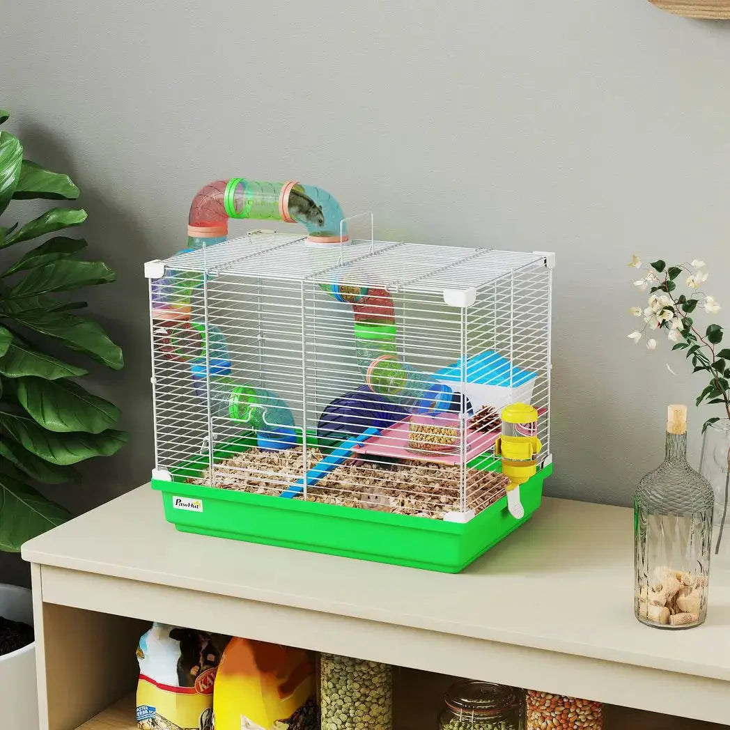 PawHut 2 Tier Hamster Cage, Gerbil Cage with Handle, Exercise Wheels, Tunnel, Water Bottle, Dishes, Ladder, for Dwarf - from PawHut