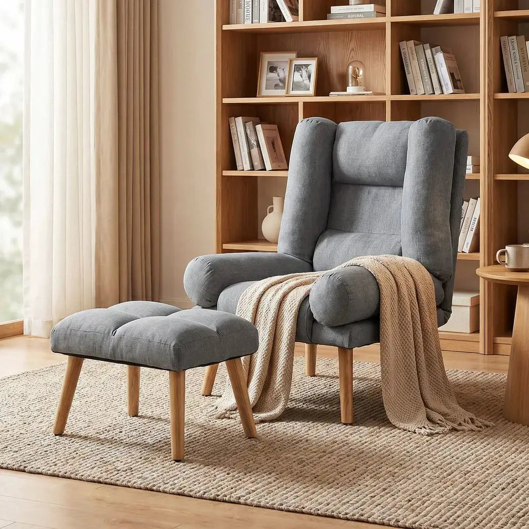HOMCOM Recliner Chair with Footstool, Recliner Armchair with Adjustable Backrest, Thick Cushion and Wooden Legs, Grey - from HOMCOM