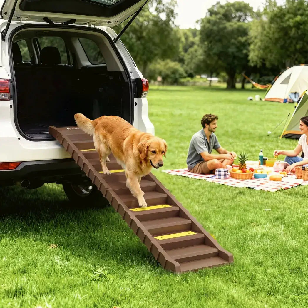 PawHut Dog Car Ramp with Anti-Slip Steps, 10-Steps Pet Stairs for Pets to Access Cars and High Beds, Brown - from PawHut