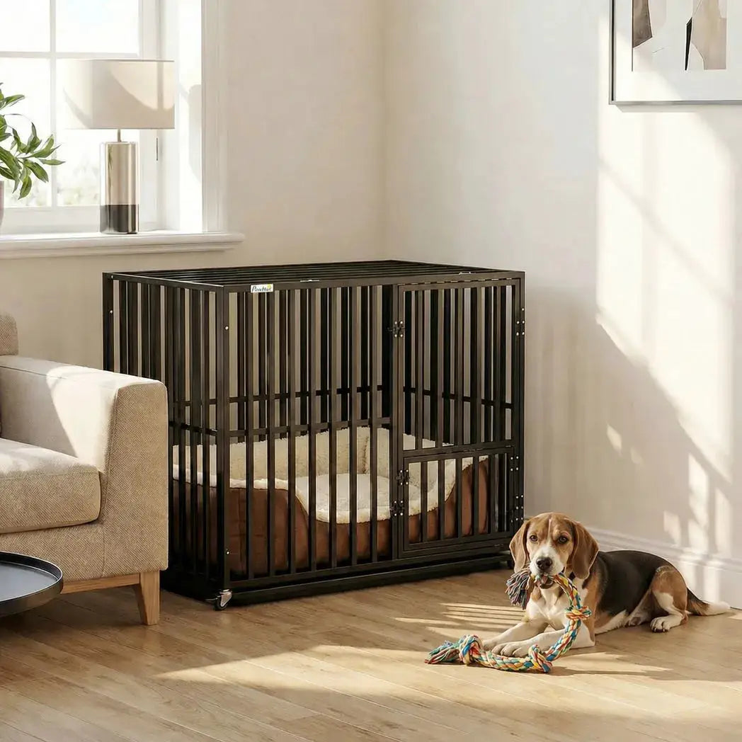 PawHut Heavy Duty Dog Crate, Dog Cage with Wheels for Small Medium Breeds, Metal Pet Kennel with Removable Tray - from PawHut
