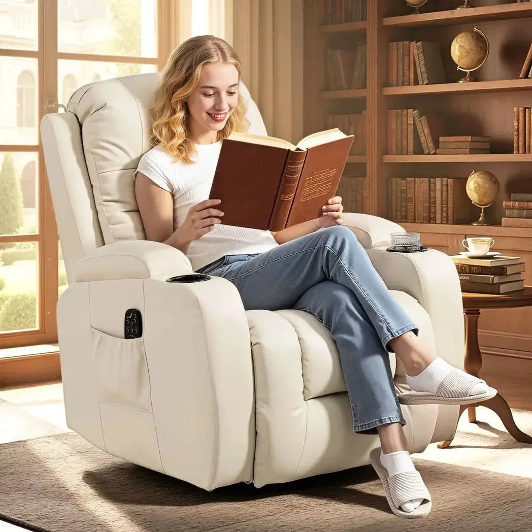 HOMCOM PU Leather Recliner Chair, Recliner Armchair with Extended Footrest, Cup Holders and Side Pockets, Cream - from HOMCOM