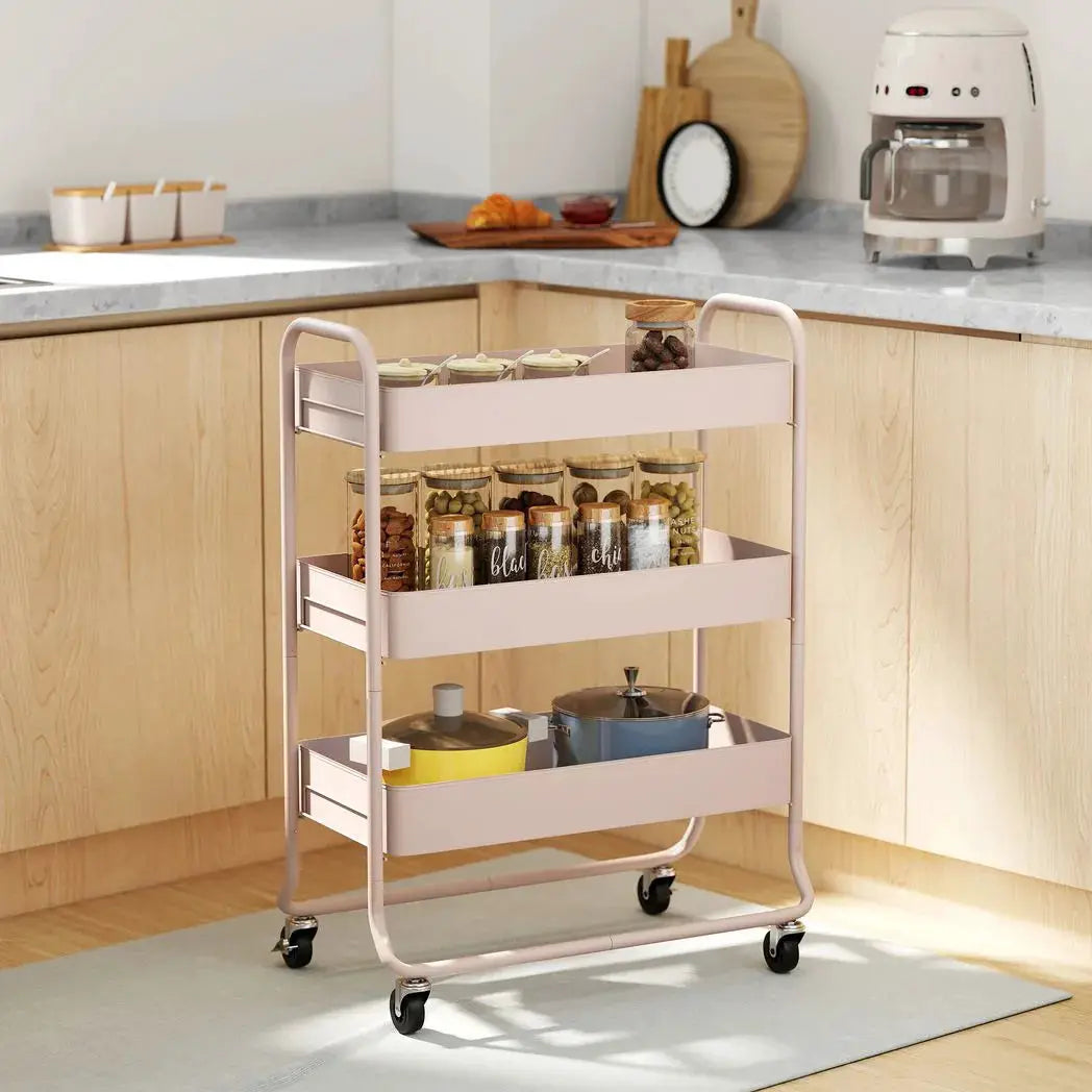 HOMCOM 3-Tier Storage Trolley on Wheels, Rolling Utility Cart with Mesh Backets for Kitchen, Bathroom, Bedroom, Light Pink - from HOMCOM