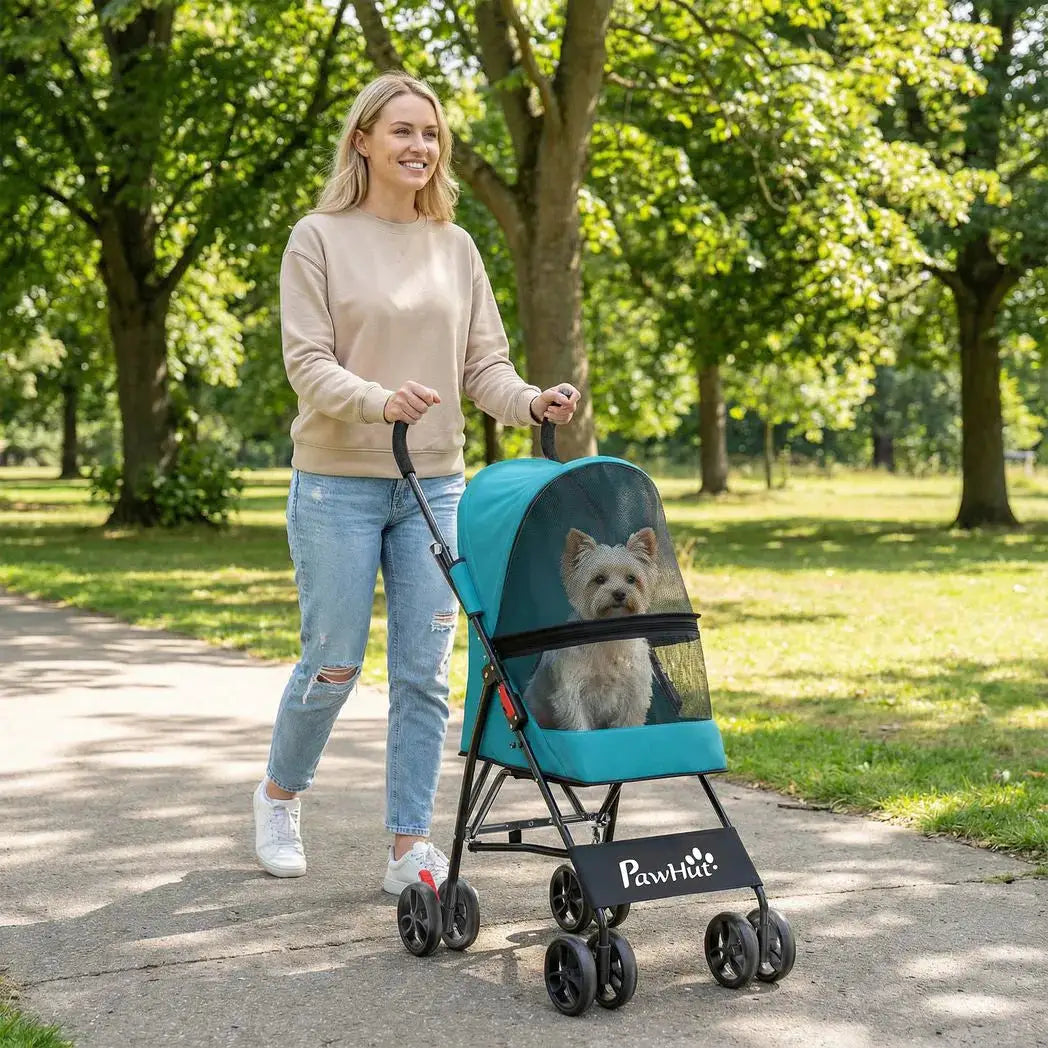 PawHut Dog Stroller, Foldable Cat Dog Pram for Miniature Breeds, Pet Stroller with Brake, Mesh Windows, Dark Green - from PawHut