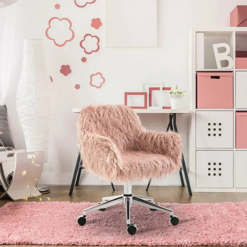 Vinsetto Faux Fur Desk Chair, Rolling Swivel Makeup Chair with Adjustable Height, Armrets for Home Office, Bedroom, Pink - from Vinsetto