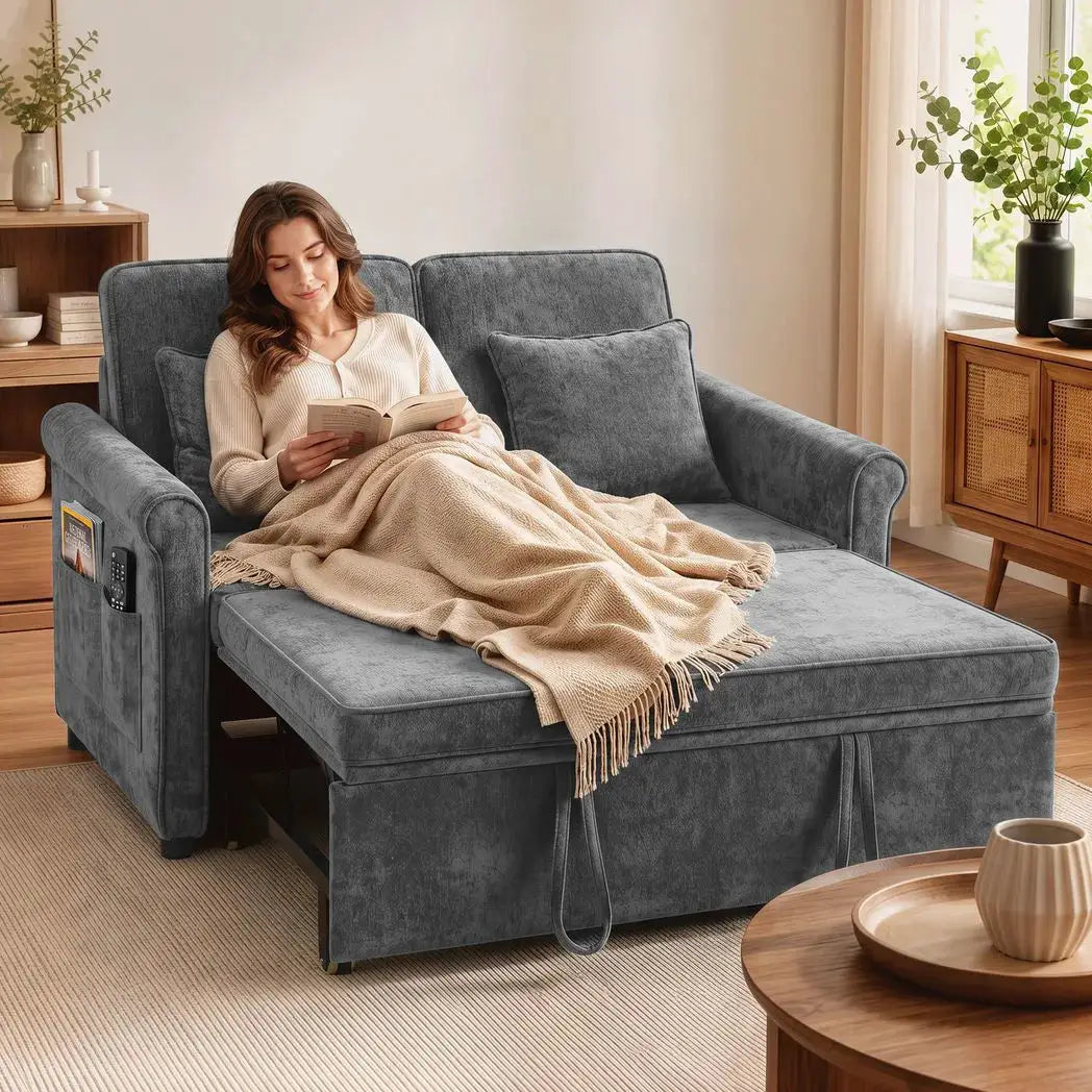 HOMCOM 2 Seater Sofa Bed 3-in-1 Convertible Chenille Pull Out Sleeper Sofa with 5-Position Adjustable Backrest, Grey - from HOMCOM