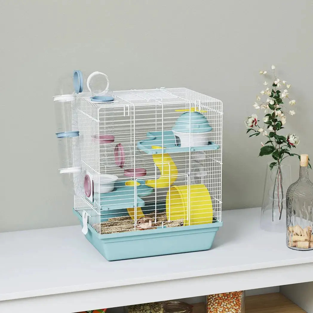 PawHut 3-Level Hamster Cage with Exercise Wheel, Water Bottle, Food Bowl, for Dwarf Hamsters, 34.5 x 27.5 x 41 cm, Blue - from PawHut