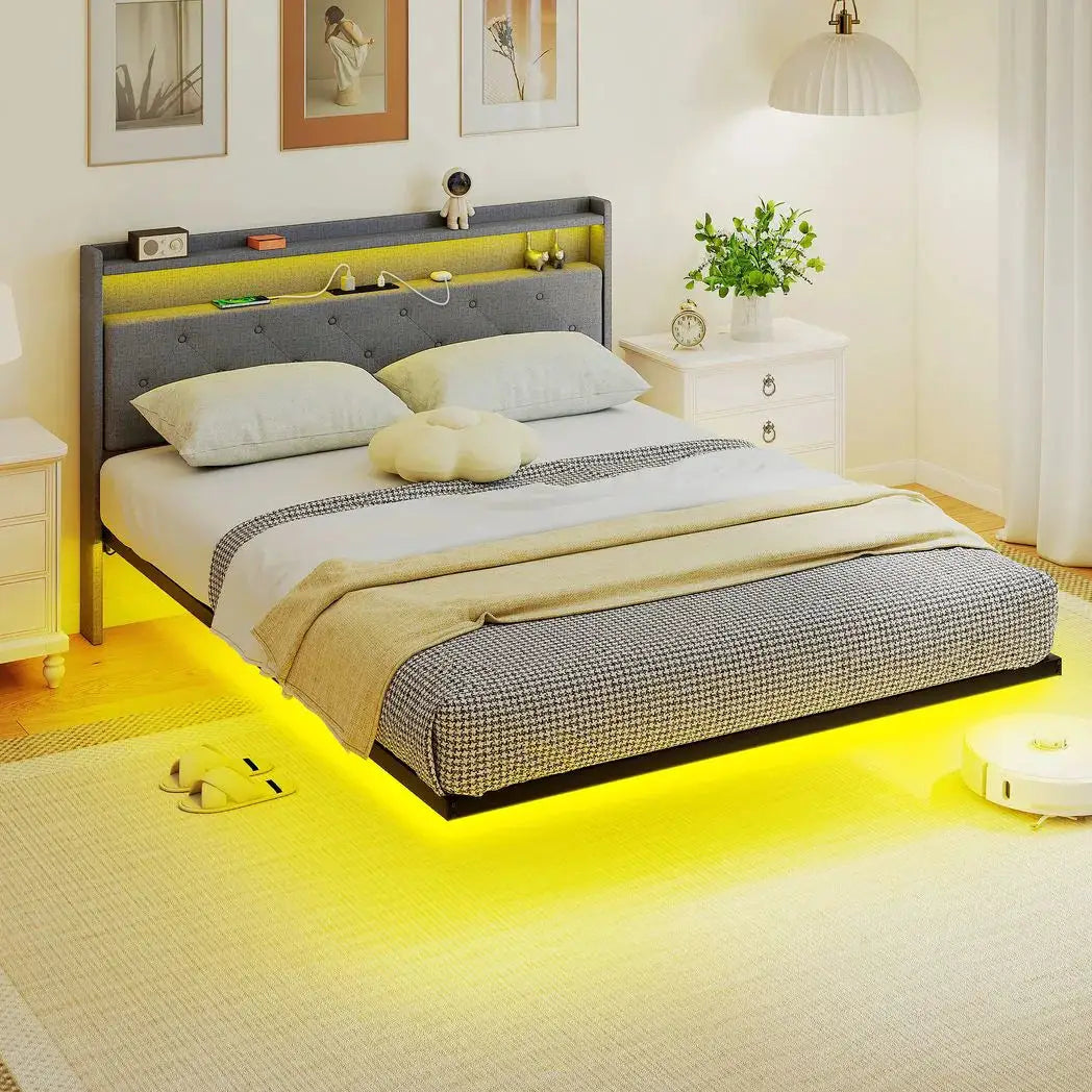 HOMCOM Floating Bed Frame, Upholstered 5ft King Size Bed, Platform Bed with RGB LED Lights and Charging Station, Grey - from HOMCOM