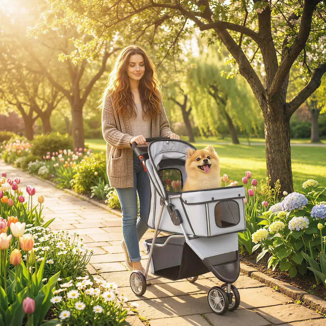 PawHut Dog Stroller, 3 Wheels Foldable Pet Stroller with Adjustable Canopy, Storage Basket for Small Mini Breeds, Grey - from PawHut