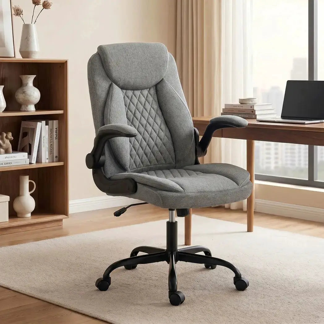 HOMCOM Linen-Look Computer Desk Chair, Executive Office Chair with Flip-Up Armrests and Thick Cushion, Grey - from HOMCOM