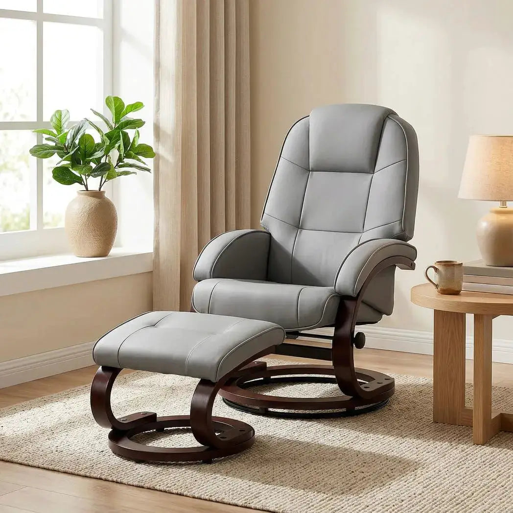 HOMCOM Swivel Recliner Chair with Footstool, PU Leather Recliner Armchair with Adjustable Back and Wood Frame, Grey - from HOMCOM