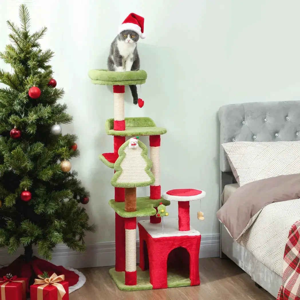 PawHut Cat Tree, 120cm Christmas Cat Tower with 3 Scratching Posts, Scratching Board, 2 Perches, Platforms, Toys, Green - from PawHut