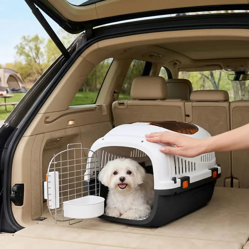 PawHut Plastic Pet Carrier Hard Shell Dog Cat Carrier Max 4 KG Steel Door Feed Bowl Secure Lock 49 x 32 x 31 cm - from PawHut