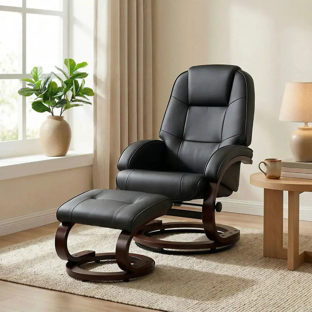 HOMCOM Swivel Recliner Chair with Footstool, PU Leather Recliner Armchair with Adjustable Back and Wood Frame, Black - from HOMCOM