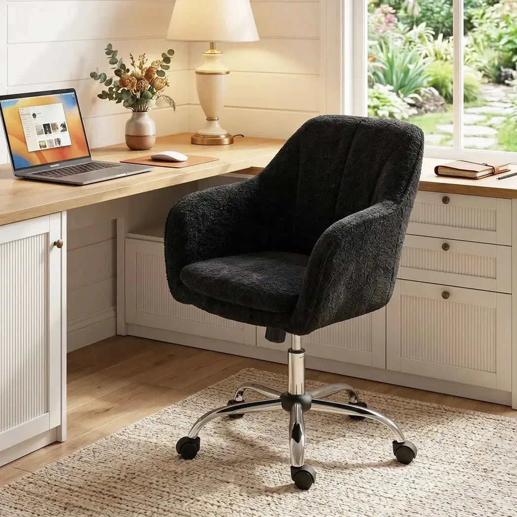 HOMCOM Modern Makeup Vanity Chair, Snow Flannel Office Chair with Tub Back, Black - from HOMCOM