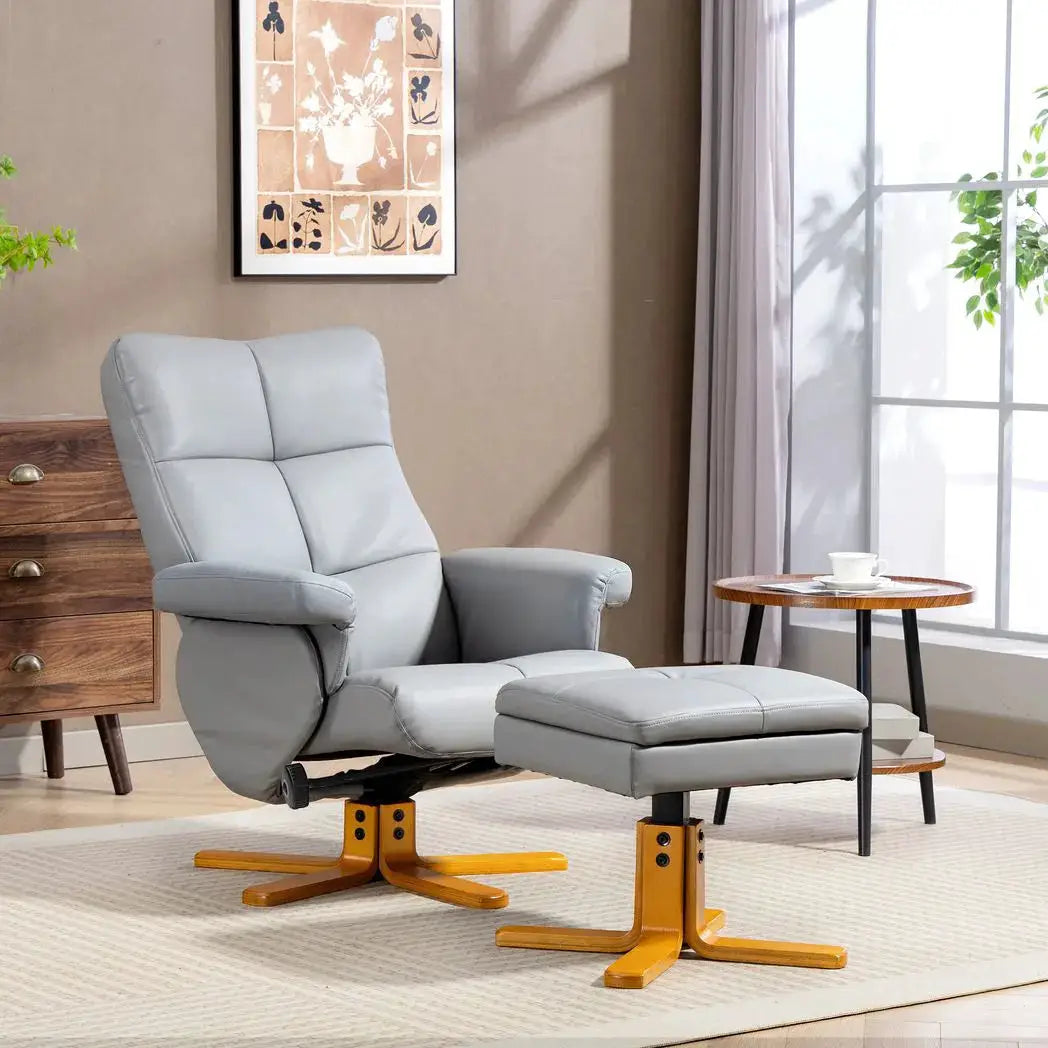 HOMCOM PU Leather Swivel Recliner Chair with Footstool, Wooden Base and Storage for Living Room, Light Grey - from HOMCOM