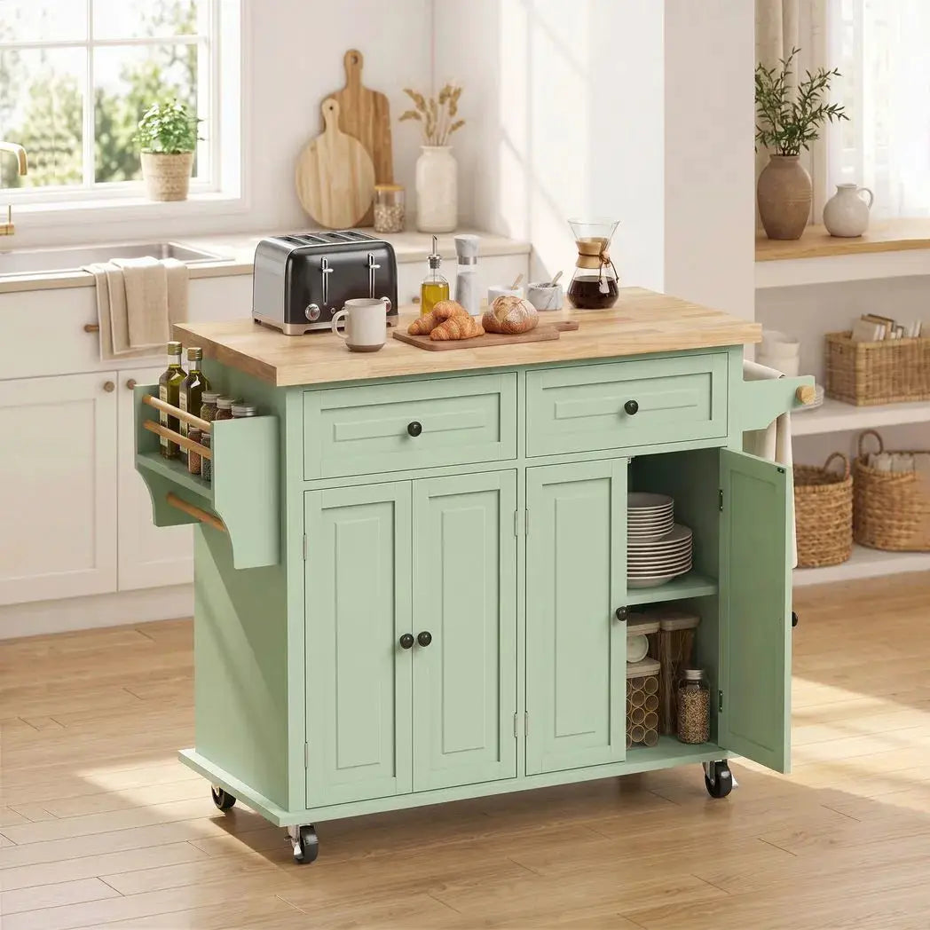 HOMCOM Rolling Kitchen Island Storage Trolley with Rubber Wood Top & Drawers for Dining Room, Light Green - from HOMCOM