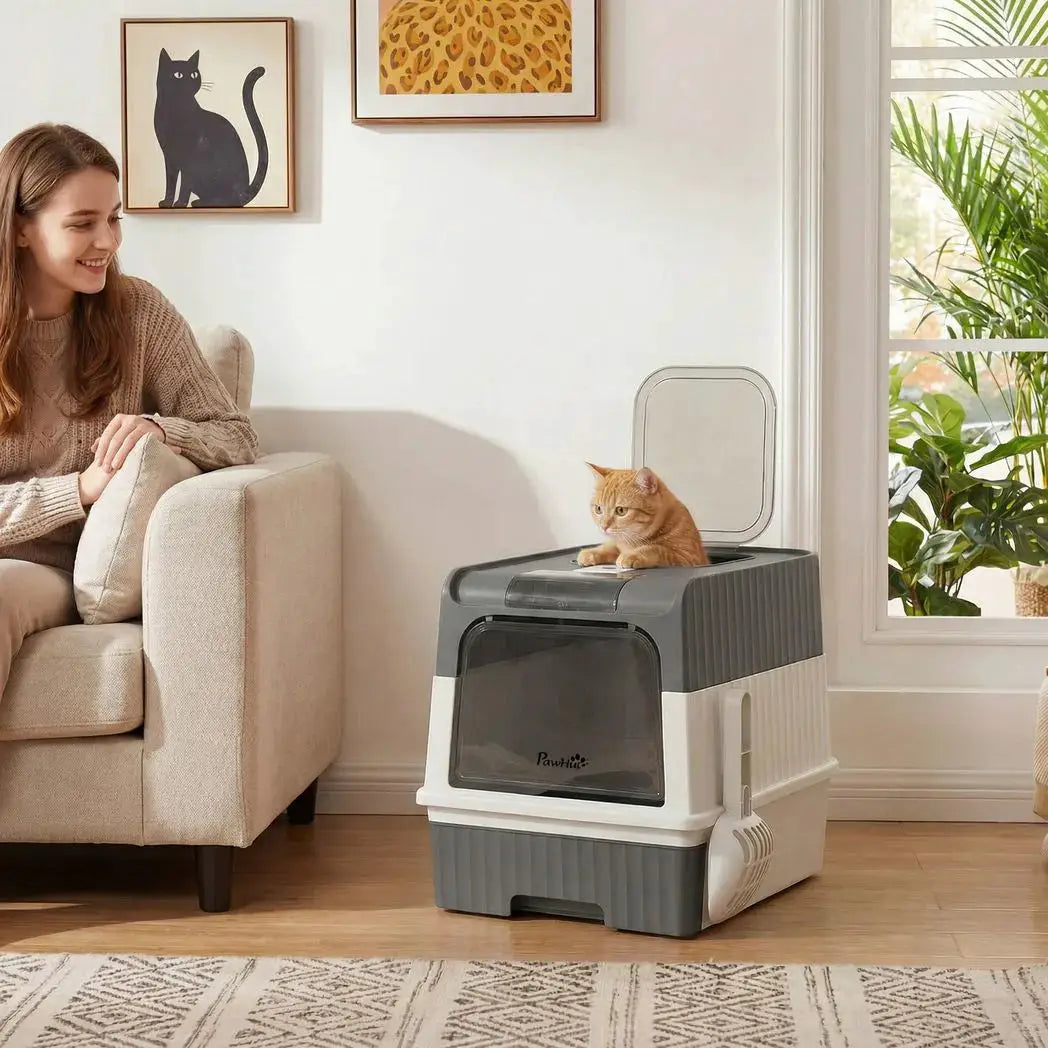 PawHut Enclosed Cat Litter Box with Lid, Pull-Out Drawer Tray, Scoop, 2 Deodorisation Bags, Front Entry & Top Exit, Grey - from PawHut